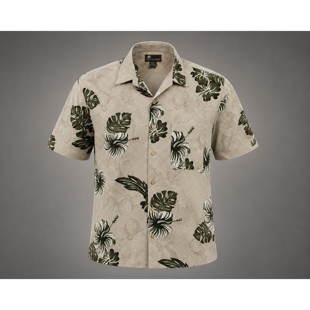 Island Tropics Mens Large Hawaiian Shirt Hibiscus Monstera Tan Olive Green